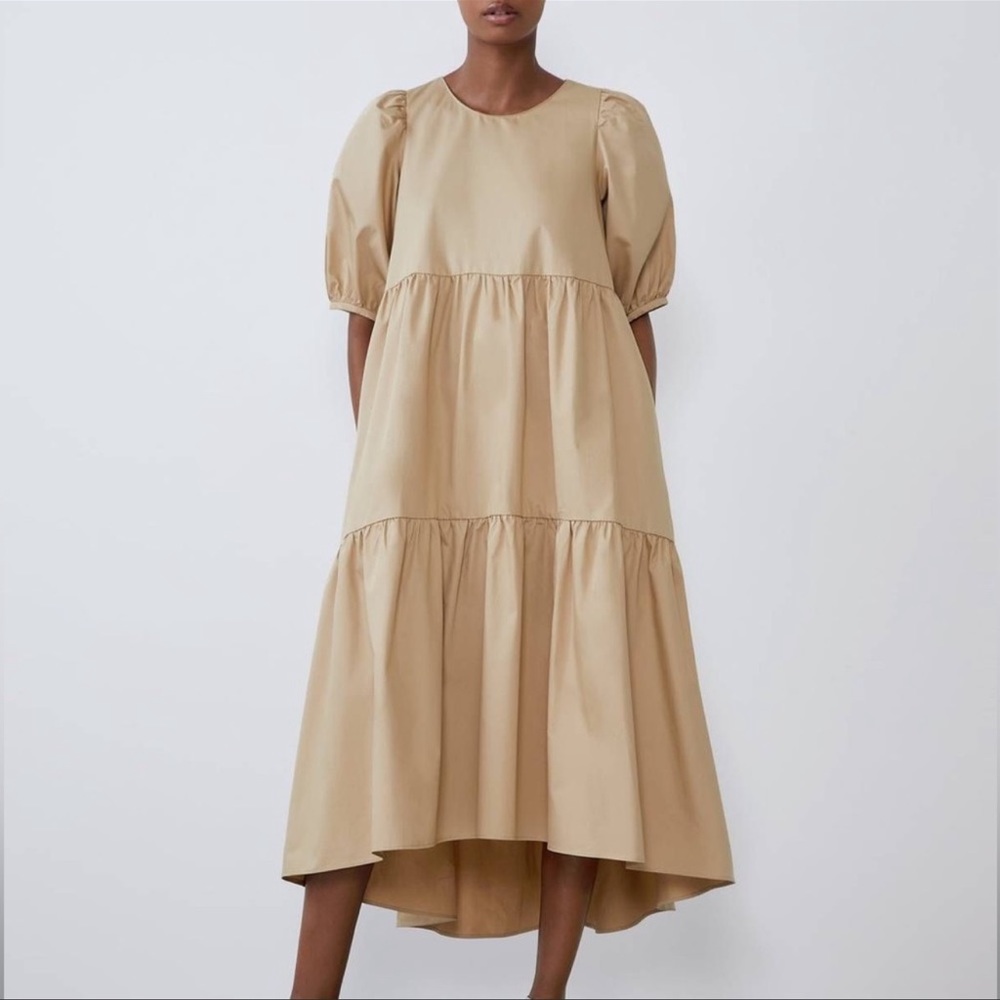 ZARA ASYMMETRIC POPLIN TIERED MIDI DRESS - CAMEL - Size L
